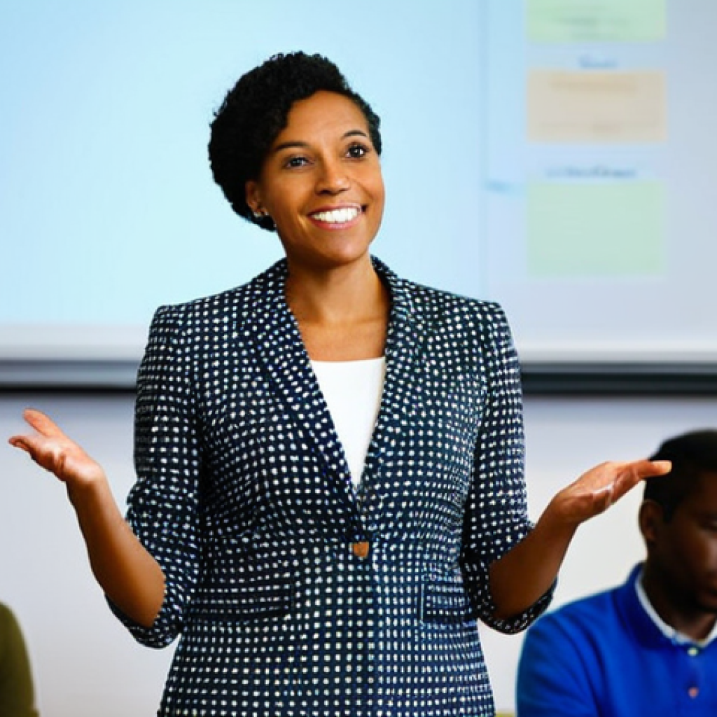 교사 교내 연수 발표 요령 - **Prompt: Engaging Presentation Opening**
    A female teacher, in her late 30s, professionally dres...