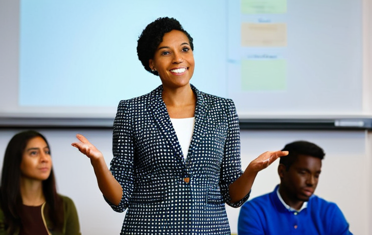 교사 교내 연수 발표 요령 - **Prompt: Engaging Presentation Opening**
    A female teacher, in her late 30s, professionally dres...