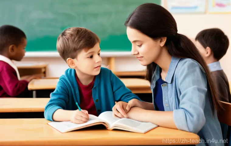 교사 문제학생 지도 사례 - **Prompt:** A warm, inviting classroom scene bathed in soft, natural sunlight. A compassionate femal...