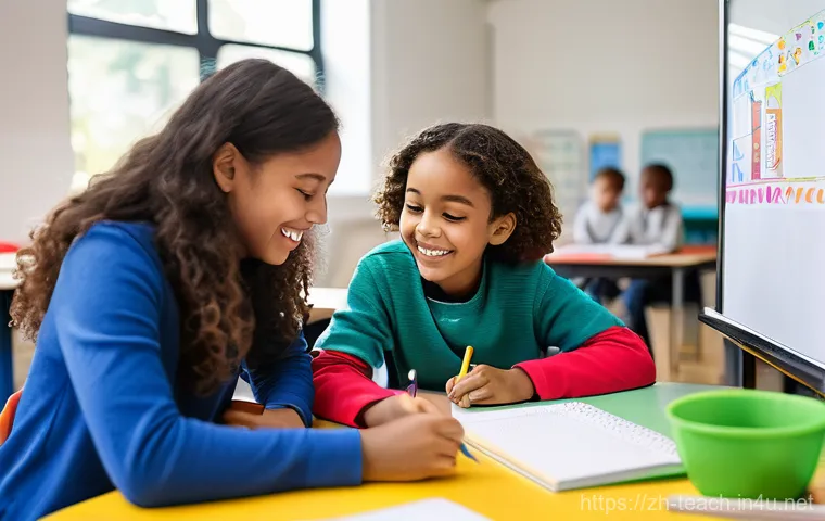 교사 코티칭 Co Teaching  사례 - **Collaborative Classroom Harmony**
    An energetic and bright classroom scene during a collaborati...