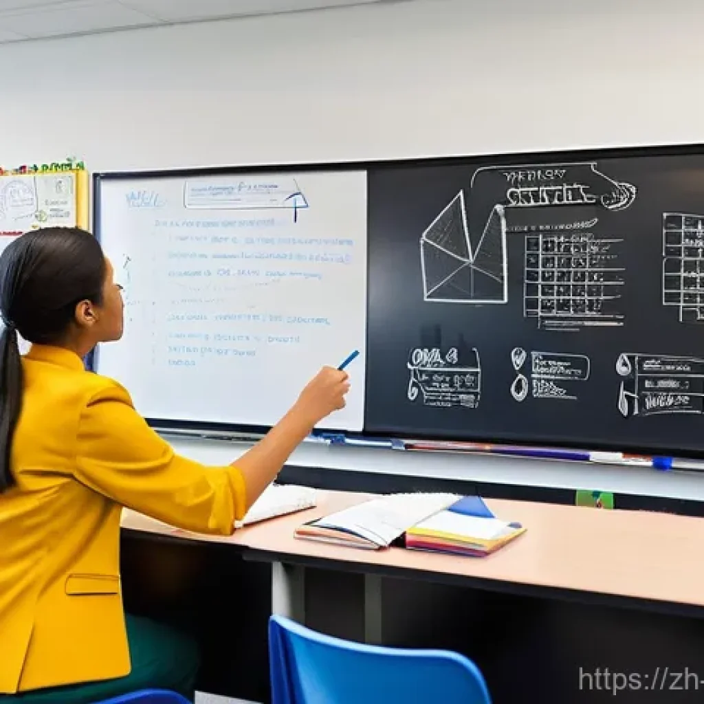 교사 발표 스킬 향상법 - **Prompt: A vibrant, modern classroom bathed in natural light, where a female teacher in a professio...