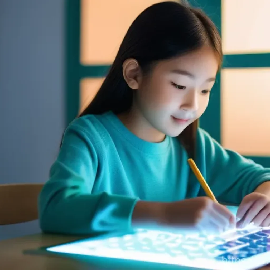 교사 최신 교육 기술 도입 사례 - **Personalized Learning with AI Tutor**
    A bright, clean image of an 11-year-old East Asian girl,...