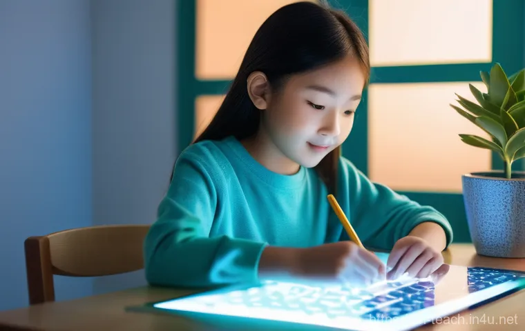 교사 최신 교육 기술 도입 사례 - **Personalized Learning with AI Tutor**
    A bright, clean image of an 11-year-old East Asian girl,...