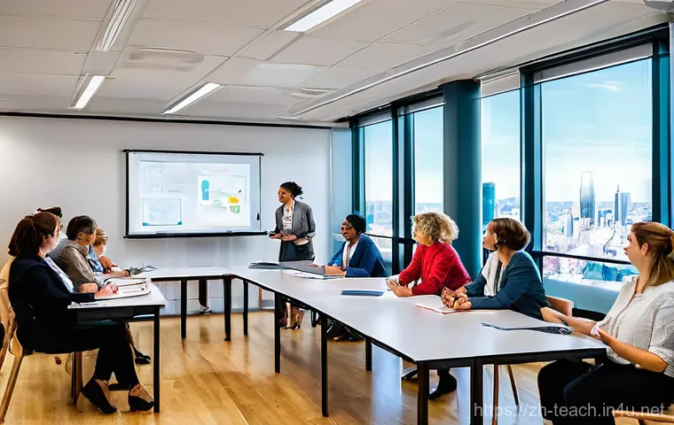 교사 교육 프로그램 기획법 - **Prompt:** A vibrant, futuristic elementary classroom filled with natural light. A diverse group of...