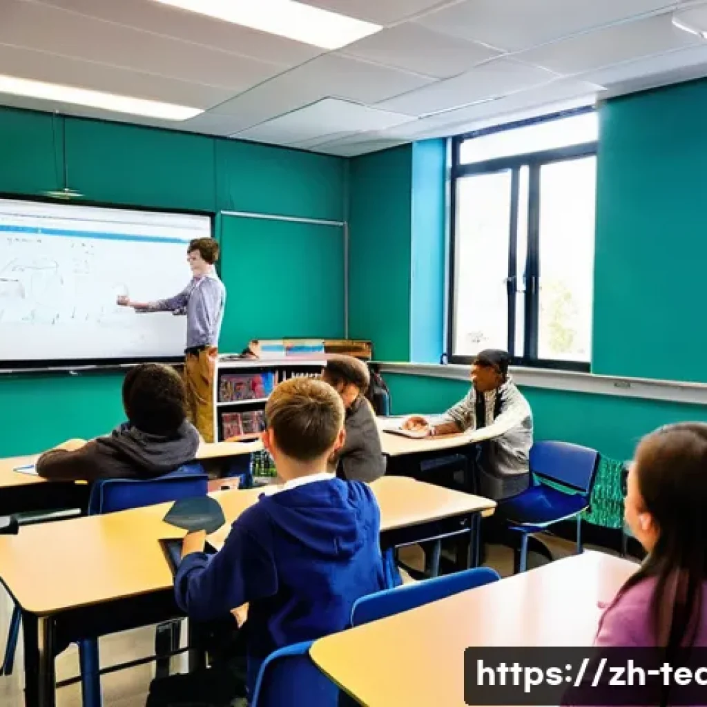 교사 4차 산업혁명 교육 사례 - **Prompt:** A vibrant, realistic photograph of a modern high school classroom bustling with activity...