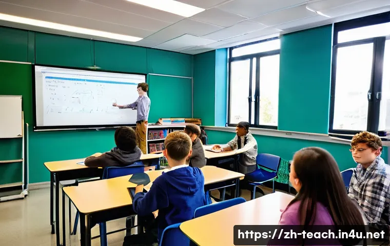 교사 4차 산업혁명 교육 사례 - **Prompt:** A vibrant, realistic photograph of a modern high school classroom bustling with activity...