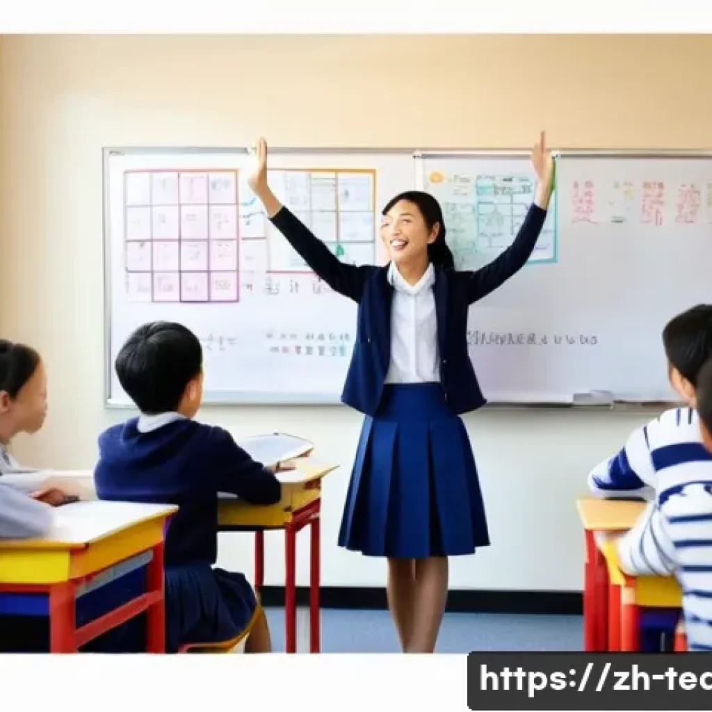 교사 시간 관리 비법 - **Prompt:** A brightly lit, modern classroom scene. A young female teacher, dressed in smart casual ...