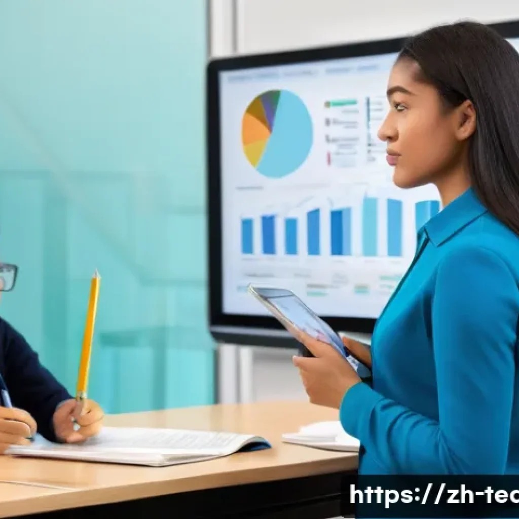 교사 데이터 시각화 활용 사례 - **Prompt: "A professional and friendly female teacher, wearing smart casual attire, stands in a mode...