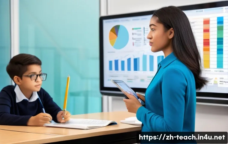 교사 데이터 시각화 활용 사례 - **Prompt: "A professional and friendly female teacher, wearing smart casual attire, stands in a mode...