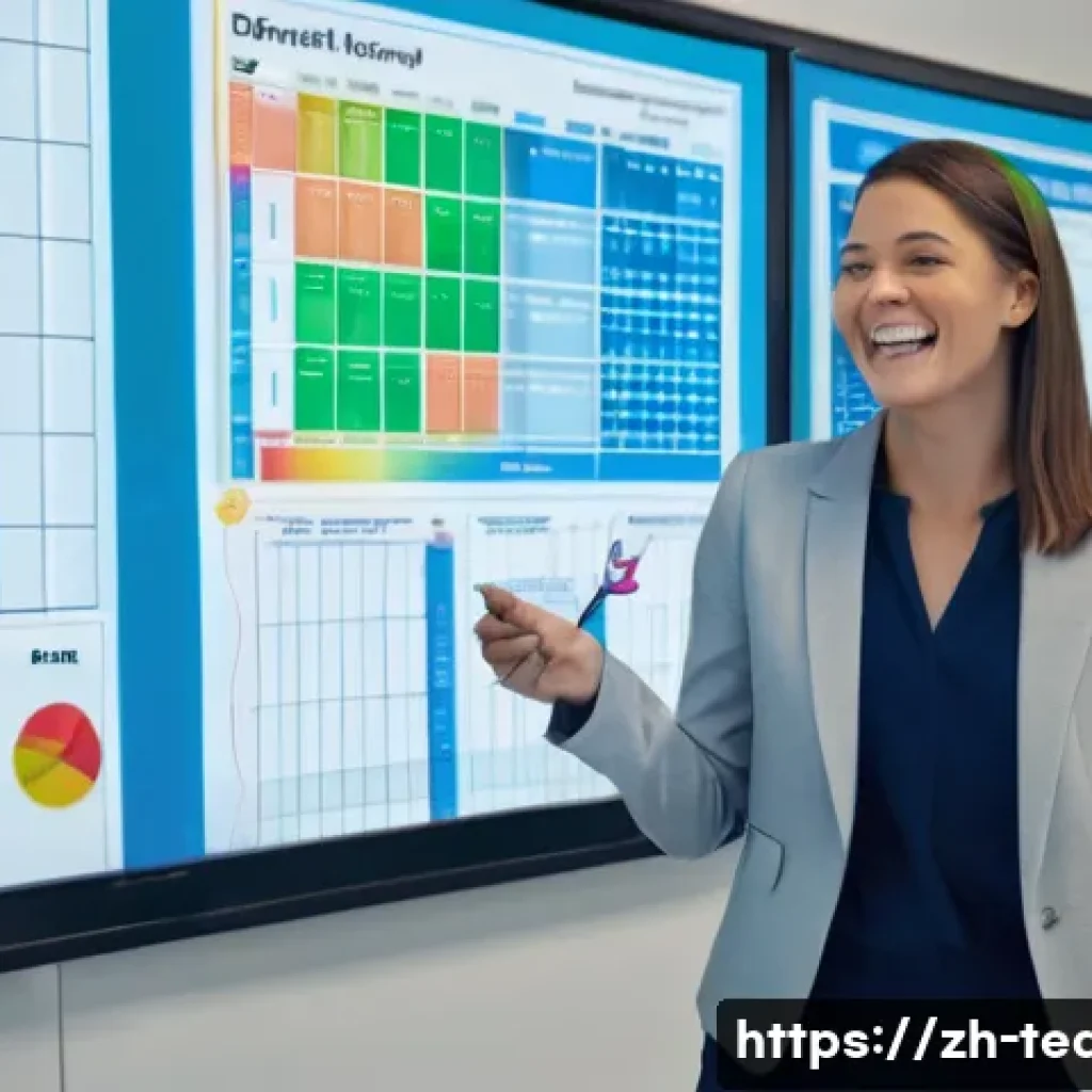 교사 수업 전 스케줄링 방법 - A cheerful female teacher, dressed in a smart casual outfit like a blazer and trousers (fully clothe...