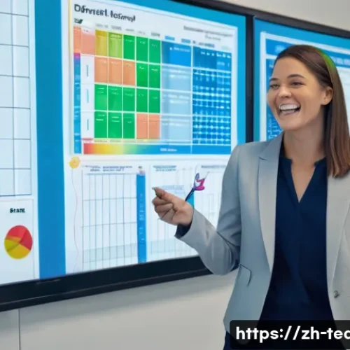 교사 수업 전 스케줄링 방법 - A cheerful female teacher, dressed in a smart casual outfit like a blazer and trousers (fully clothe...