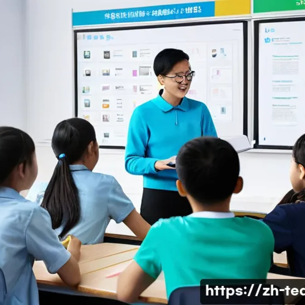 교사 미디어 리터러시 교육 - A modern classroom scene featuring a diverse group of Chinese teachers and students engaged in an in...