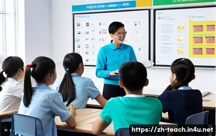 교사 미디어 리터러시 교육 - A modern classroom scene featuring a diverse group of Chinese teachers and students engaged in an in...