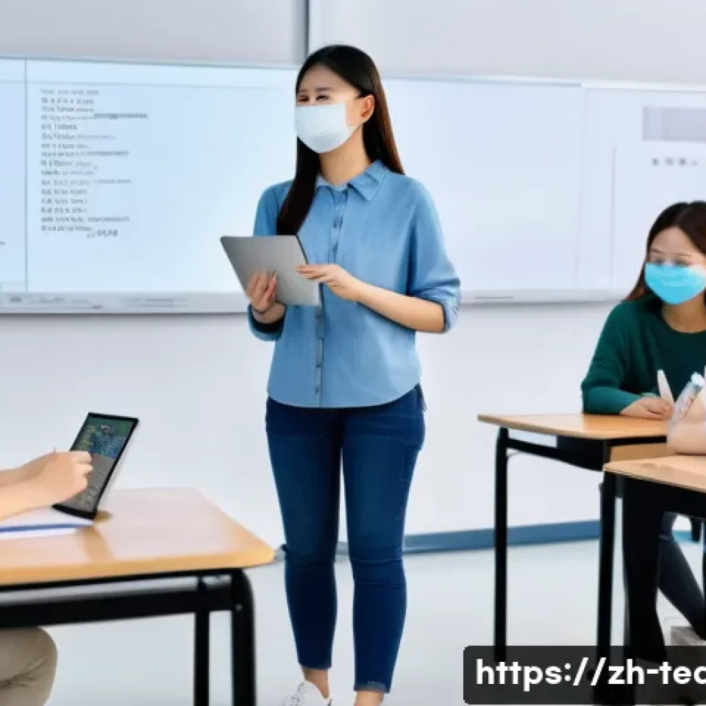교사 학생 평가 도구 활용법 - A modern classroom scene with diverse Chinese students actively participating in a group project eva...