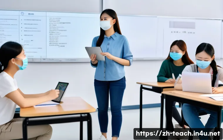 교사 학생 평가 도구 활용법 - A modern classroom scene with diverse Chinese students actively participating in a group project eva...