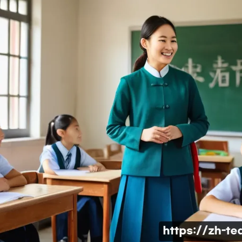 교사 교직 생활 성공 비결 - A warm, modern classroom scene in a Chinese school setting featuring a sincere teacher attentively l...