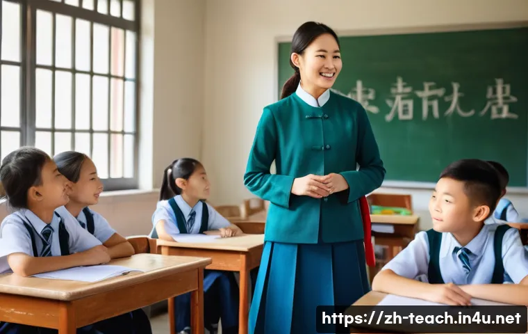 교사 교직 생활 성공 비결 - A warm, modern classroom scene in a Chinese school setting featuring a sincere teacher attentively l...