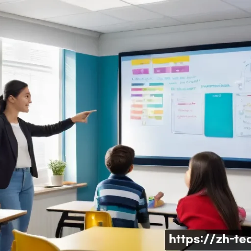 교사 수업 중 학습 보조 기술 - A modern classroom scene featuring a diverse group of students actively engaging with a large intera...