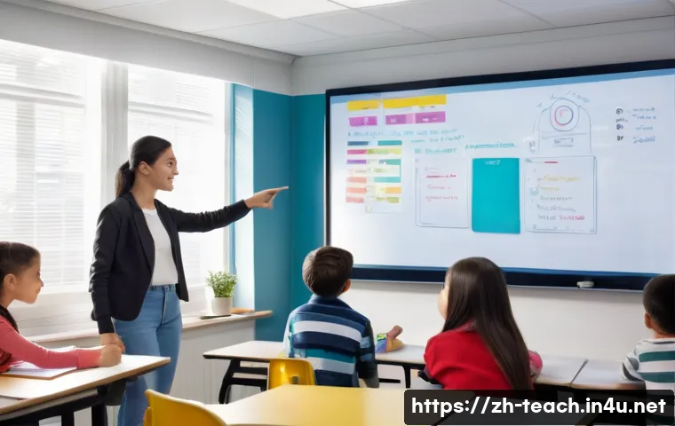 교사 수업 중 학습 보조 기술 - A modern classroom scene featuring a diverse group of students actively engaging with a large intera...