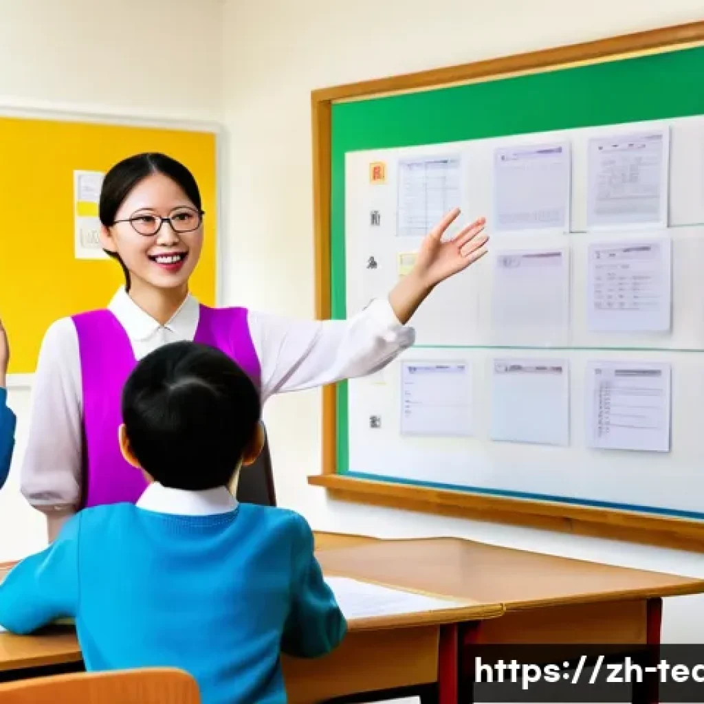 교사 평가 기준 설정 요령 - A modern classroom scene in a Chinese elementary school setting, showing a young female teacher wear...