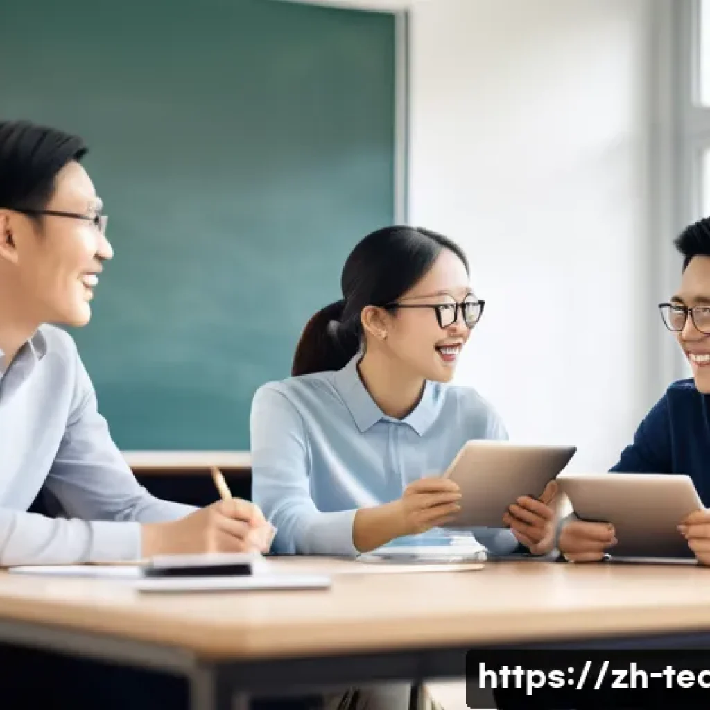 교사 교내 연구 동아리 운영법 - A diverse group of Chinese teachers in a modern classroom setting, collaboratively discussing teachi...