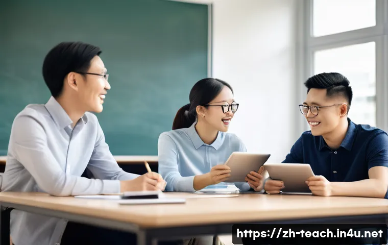 교사 교내 연구 동아리 운영법 - A diverse group of Chinese teachers in a modern classroom setting, collaboratively discussing teachi...