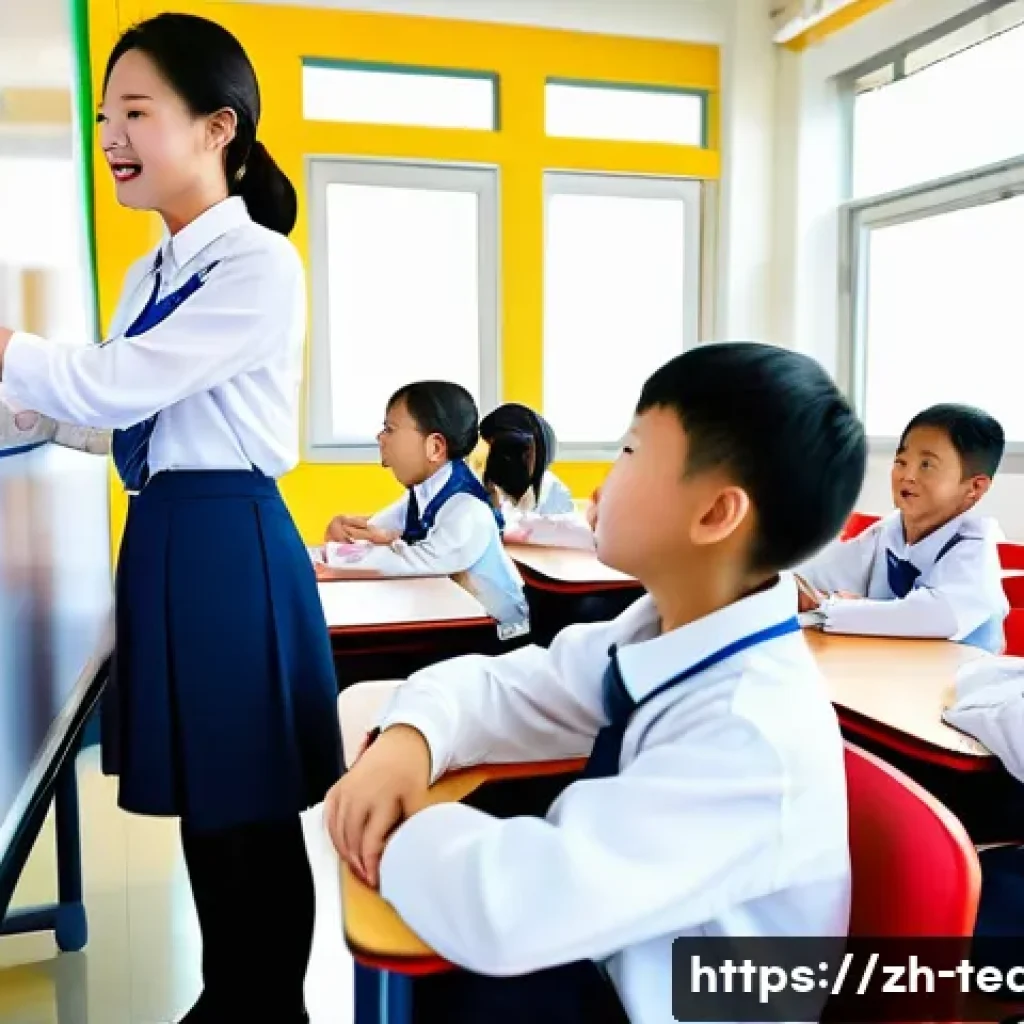 교사 성과평가 준비 팁 - A modern classroom scene in a Chinese elementary school, featuring a female teacher attentively guid...