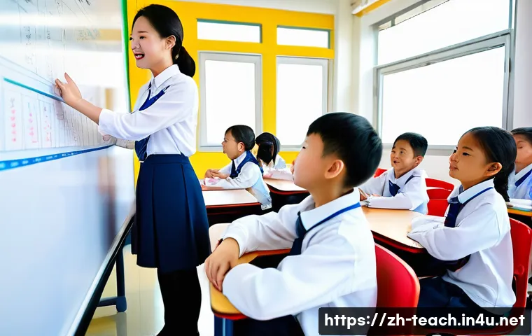 교사 성과평가 준비 팁 - A modern classroom scene in a Chinese elementary school, featuring a female teacher attentively guid...