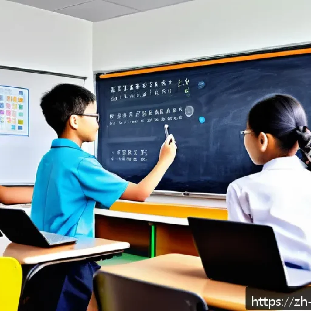 교사 수업자료 제작 소프트웨어 - A modern classroom scene featuring a diverse group of students actively engaged in a lesson enhanced...