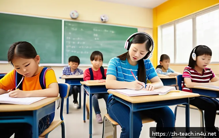 교사 특수교육 사례 연구 - A diverse special education classroom scene showing a female teacher attentively observing and takin...