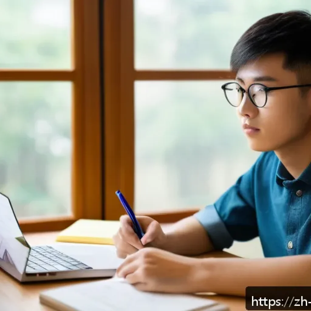 교사 시험 대비 방법 공유 - A focused young Chinese adult student sitting at a neat wooden desk in a modern study room, surround...