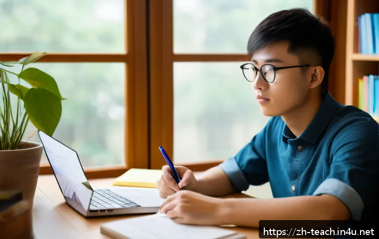 교사 시험 대비 방법 공유 - A focused young Chinese adult student sitting at a neat wooden desk in a modern study room, surround...