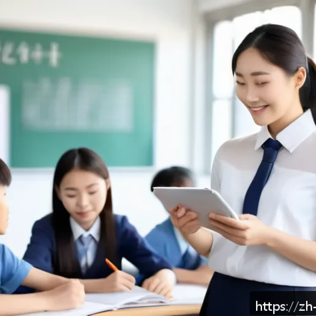 교사 교육 장학금 정보 - A professional Chinese teacher in a modern classroom setting, wearing formal attire with a neat blou...