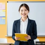 교사 직무 스트레스 해소법 - A modern classroom scene featuring a confident female teacher in professional attire with a warm smi...
