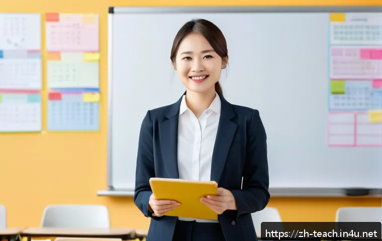 교사 직무 스트레스 해소법 - A modern classroom scene featuring a confident female teacher in professional attire with a warm smi...