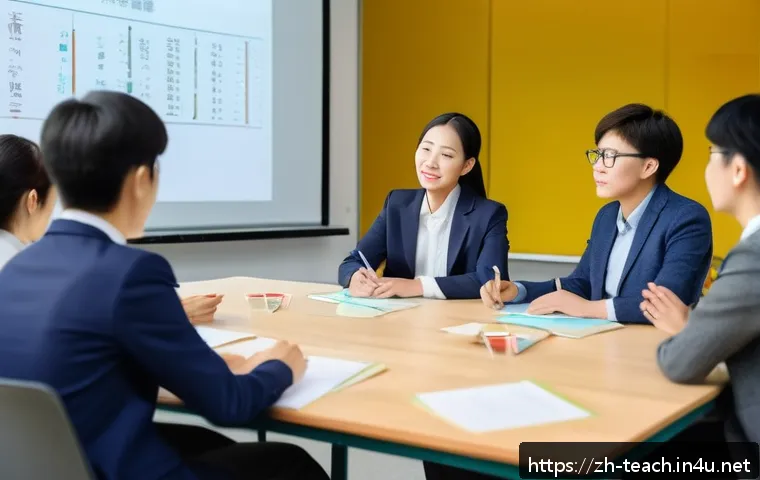 교사 교육 과정 평가법 - A modern classroom scene showing a professional teacher engaging with a diverse group of adult learn...