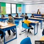 교사 학습자 중심 수업 설계 - A modern classroom scene with a flexible seating arrangement featuring small group clusters and U-sh...