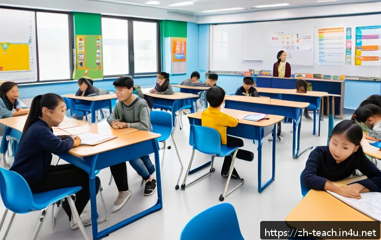 교사 학습자 중심 수업 설계 - A modern classroom scene with a flexible seating arrangement featuring small group clusters and U-sh...