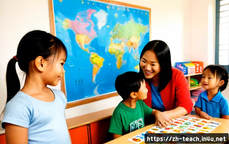 교사 다문화 교육 사례 - Photorealistic elementary classroom multicultural education activity, a warm Asian female teacher gu...