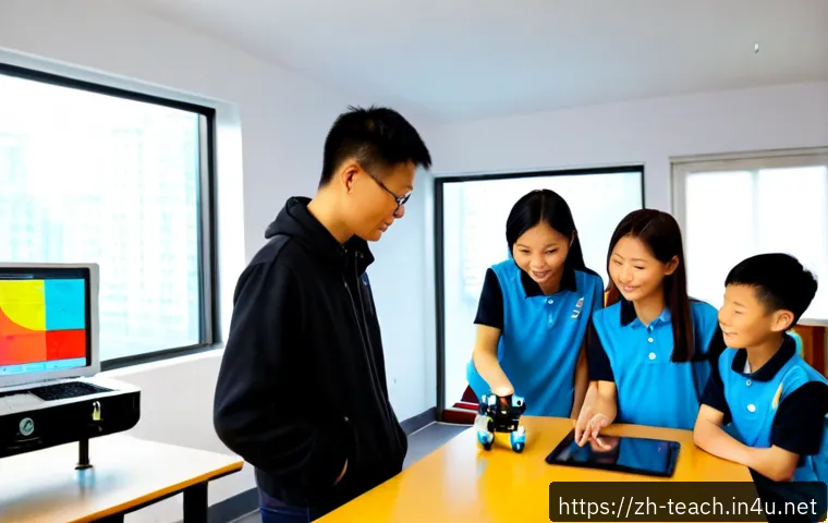 교사 미래 직업 교육 사례 - Photorealistic modern classroom career exploration workshop, a middle-aged teacher guiding diverse t...